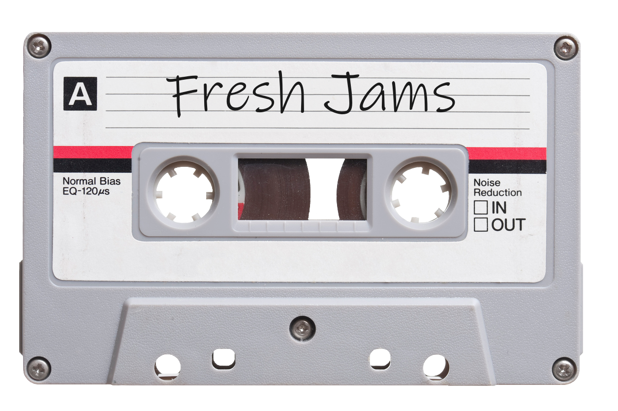 A white cassette tape with a label that says Fresh Jams
