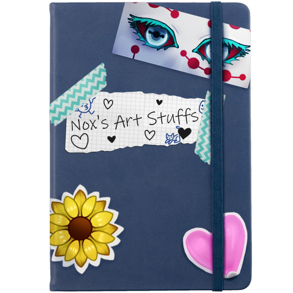 A blue notebook with stickers and a label that says Nox's Art